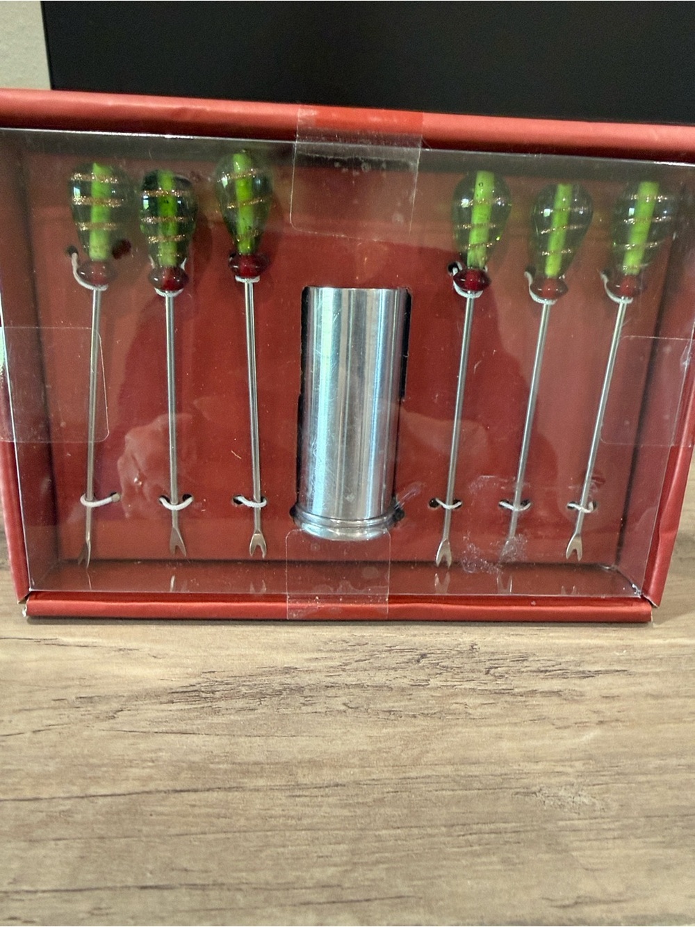 Pier One Green Striped Olive Picks Set with Stainless Tool